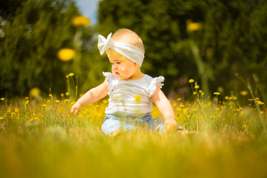 Bébé assis dans une prairie de pissenlits